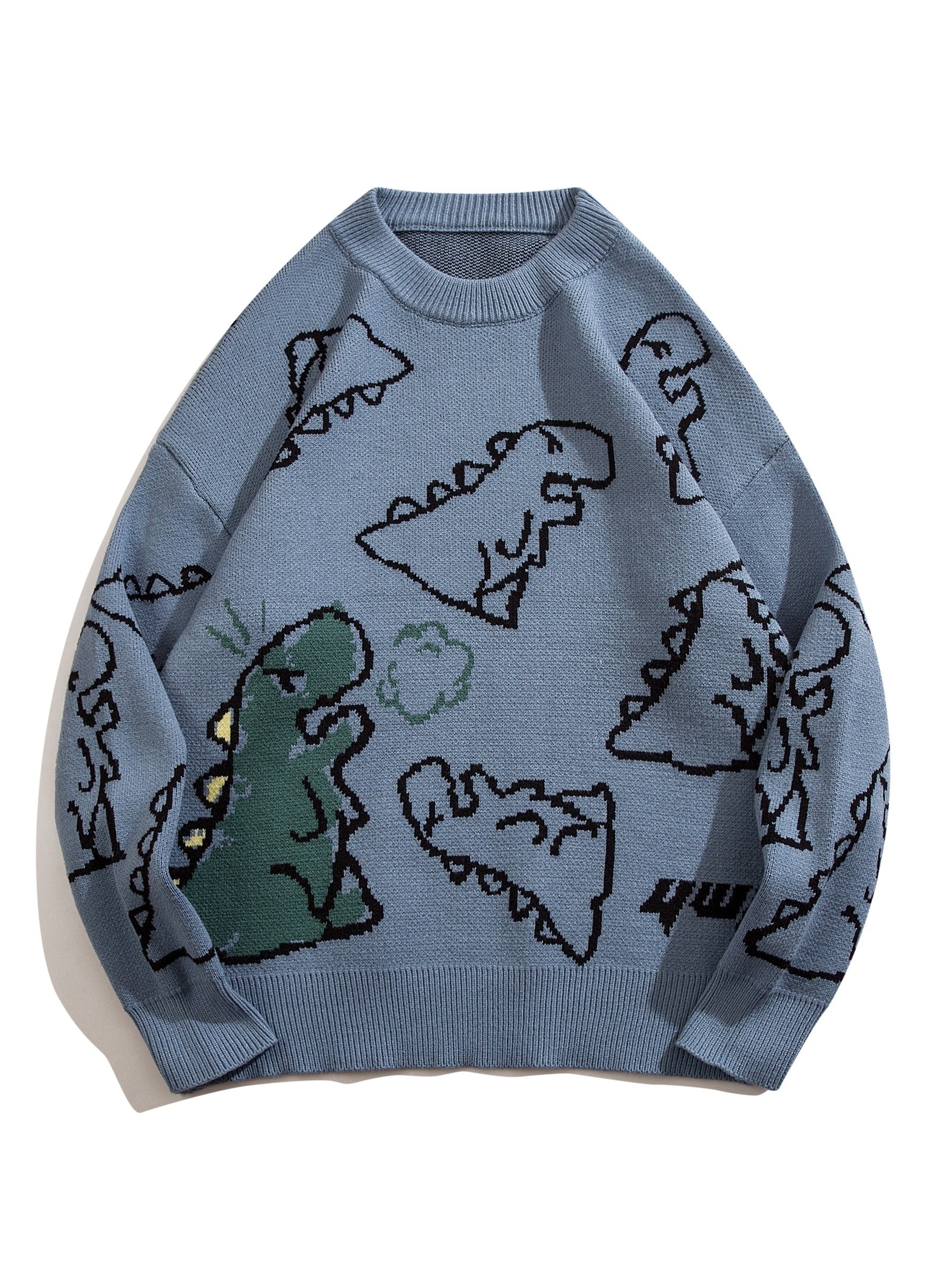 YWFG Unisex Casual Loose Fit Sweater - Black with Blue Dinosaur & Cloud Design, Long Sleeve Round Neck Pullover for Men & Women, Cozy Fall/Winter Knitwear, Dinosaur Clothes, Fall Winter Apparel, Playful Graphic Design, Comfor -