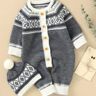 Newborn Infant Geometric Pattern Sweater Romper Long Sleeve Button Jumpsuit & Hat For Toddler Baby Boys And Girls, Suitable For Indoor And Outdoor Wear -