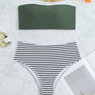 Striped Print Bandeau Two Piece Swimsuit, Army Green Strapless Tube Top, High Rise Black & White Striped Bottom Bikini Sets, Women's Swimwear & Clothing -