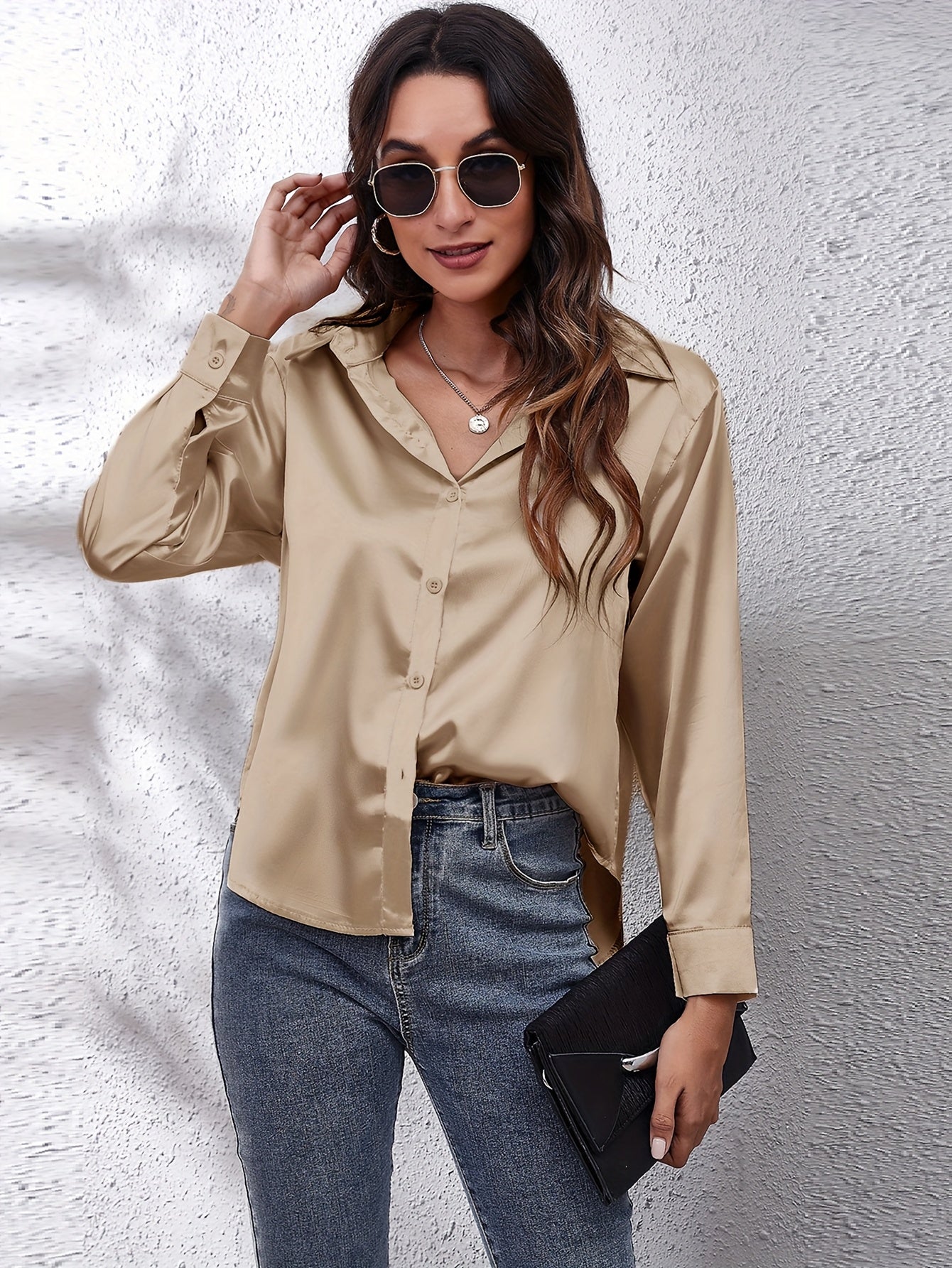 Elegant Satin-Finish Long Sleeve Blouse for Women - Chic Solid Color, Non-Stretch Fabric, Perfect for Spring/Fall, Ideal for Formal Occasions, Ladies Blouses -