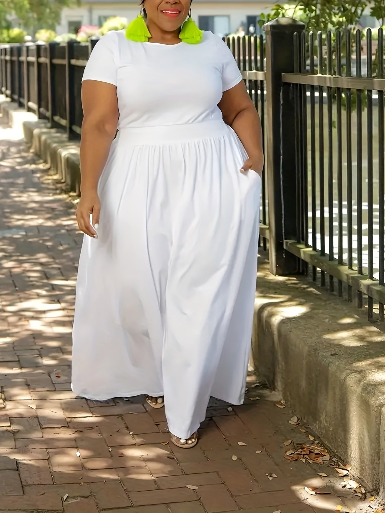 Plus Size Solid Short Sleeve Maxi Dress, Women's Plus Medium Stretch Elegant Long Dress -
