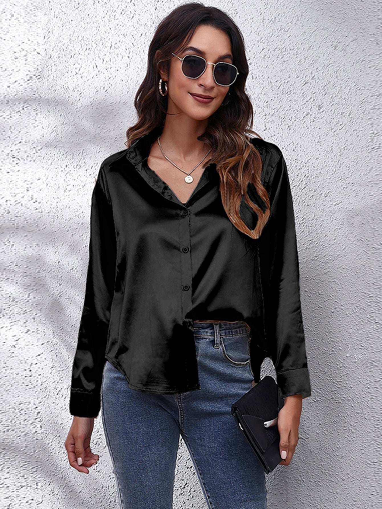 Elegant Satin-Finish Long Sleeve Blouse for Women - Chic Solid Color, Non-Stretch Fabric, Perfect for Spring/Fall, Ideal for Formal Occasions, Ladies Blouses -