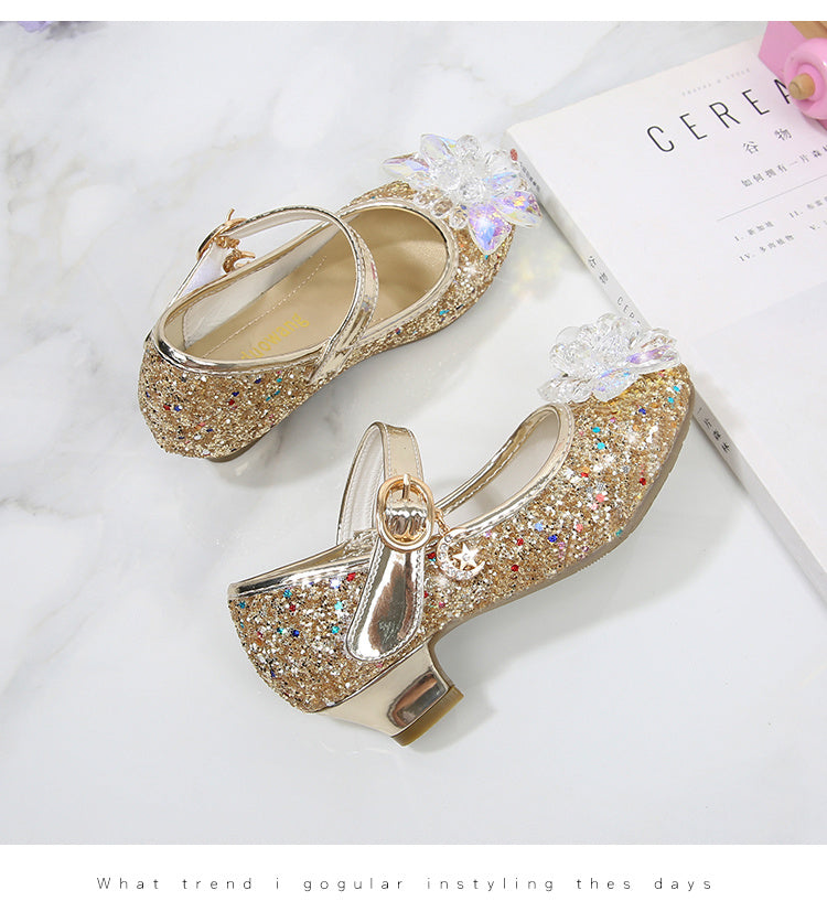 Girls' Elsa Princess High Heel Pumps - Sparkling Glitter Block Heel Shoes with Floral Embellishments, Lightweight Faux Cover for Spring & Fall, Weddings, Parties, Casual Wear, Shoes for Girls, Wedding Guest Shoes, Elegant Sho -