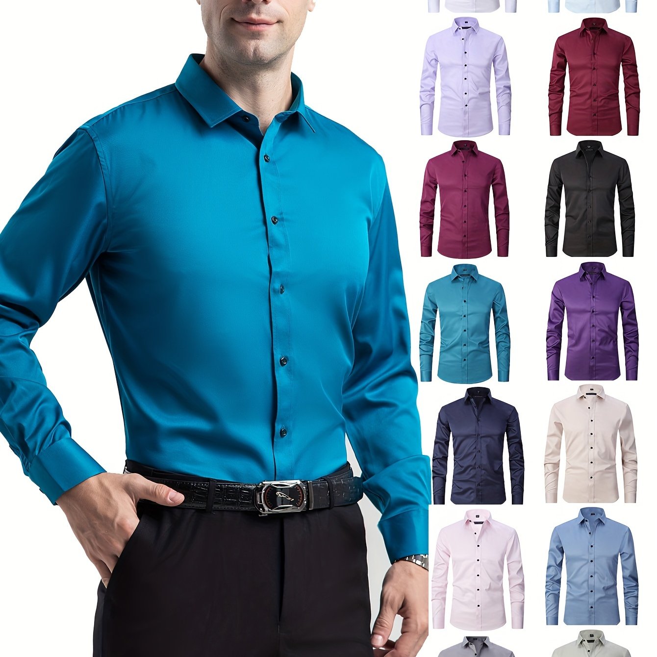 Men'S Slim-Fit Stretch Formal Shirt, Light Business Lapel Long Sleeve Shirt, Men'S Business Shirt Wrinkle-Resistant and Durable Solid Color Formal Long Sleeve Shirt with Buttons and Pockets Suitable for Work, Commuting, Datin -