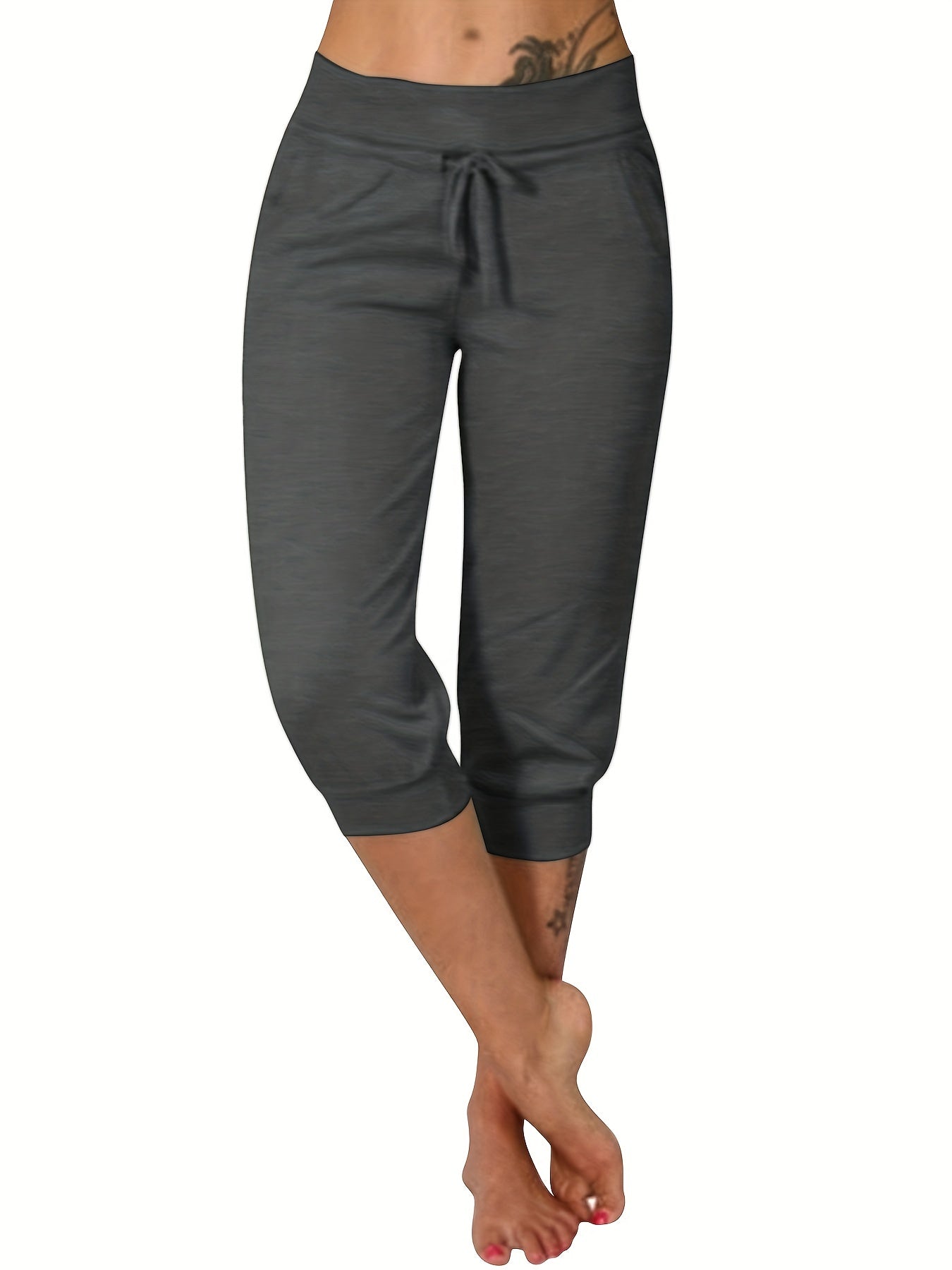 Women'S High-Waist Drawstring Side Pants - Stretchy Polyester Blend, Solid Color Black, Comfortable Casual Style for All Seasons, Everyday Comfort Wear | Highwaist Trousers | Tailored Fit -