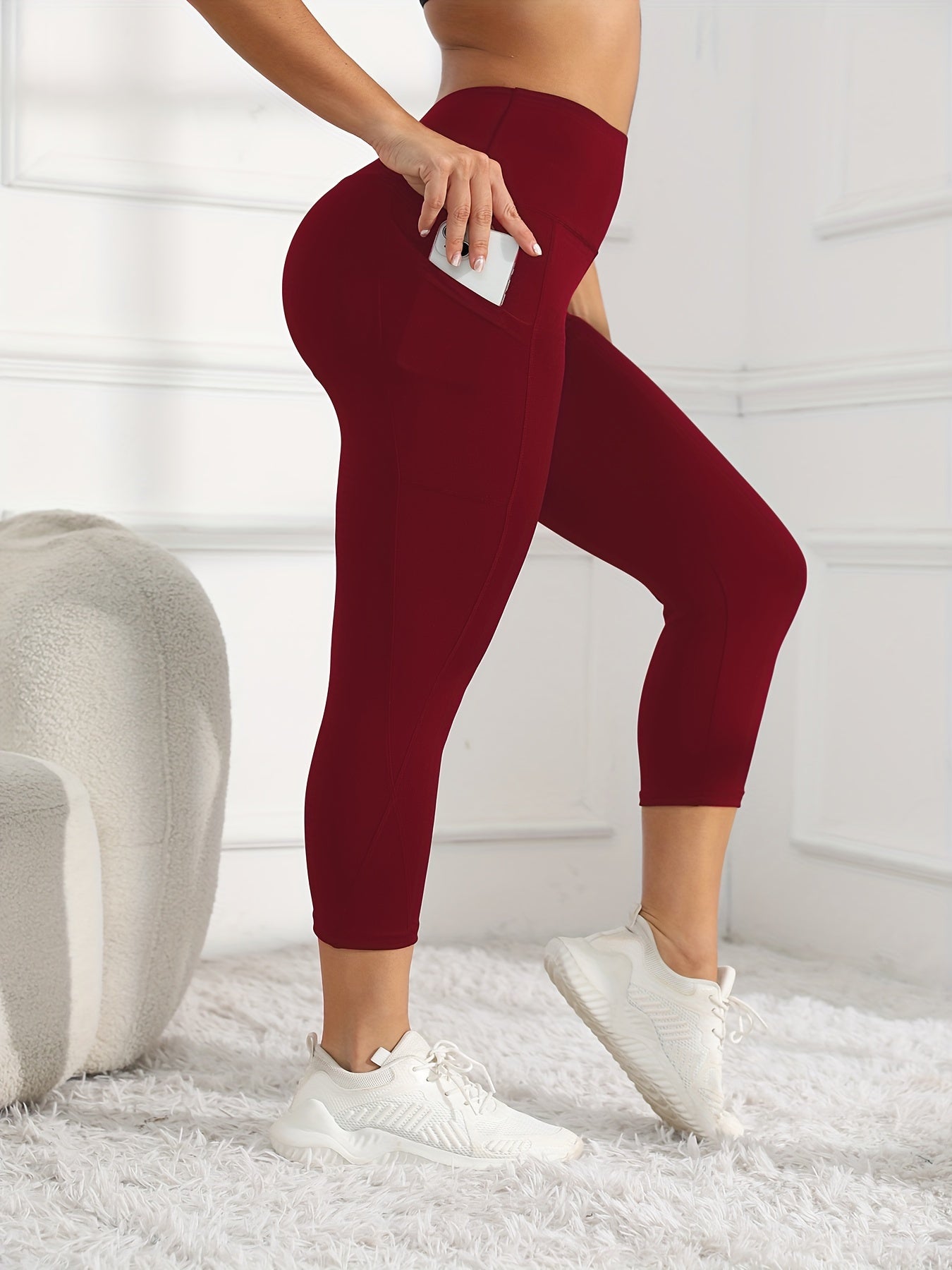 Women's High-Waisted 7/8 Length Leg Workout Leggings - Full-Length Leg Muscle-Building Gym Pants with Pockets, Solid Green Yoga Pants for Cycling, Pilates, Training | All-Season Fitness Pants with 7/8th Leg Coverage, Smooth T -
