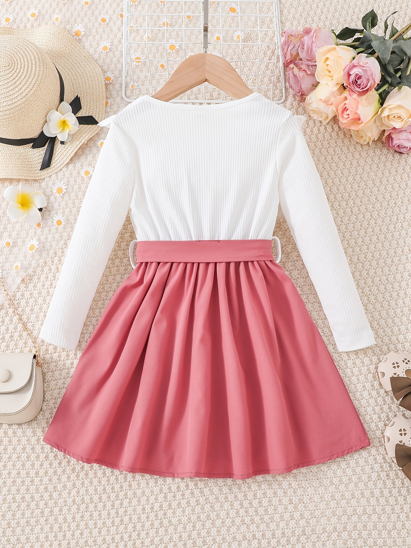 Girls' Floral Print Long Sleeve Dress with Belt - Knee-Length Round Neck Casual Outfit, Pink & White V-Neck Design for Spring & Fall, Dresses for Girls, Seasonal Fashion, Vneck Dress, Nontransparent Fabric -