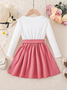Girls' Floral Print Long Sleeve Dress with Belt - Knee-Length Round Neck Casual Outfit, Pink & White V-Neck Design for Spring & Fall, Dresses for Girls, Seasonal Fashion, Vneck Dress, Nontransparent Fabric -