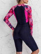 Colorblock Long Sleeves One-Piece Swimsuit Women, Zip Front Rash Guard Round Neck Tummy Control Bathing Suit, Women's Swimwear & Clothing -