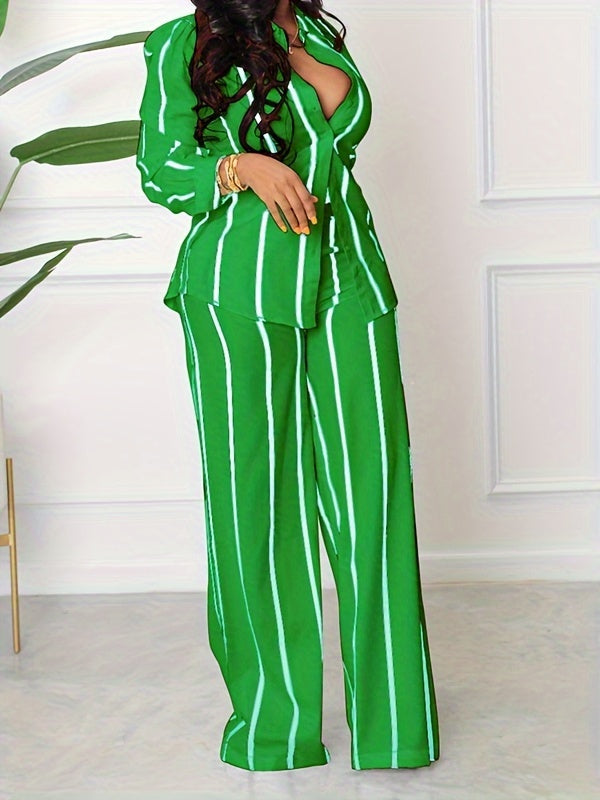 [Two-piece Set Long Sleeve Shirt] Striped Print Two-piece Set, Button Front Collar Long Sleeve Shirt & High Waist Wide Leg Loose Pants Set, Women's Clothing -
