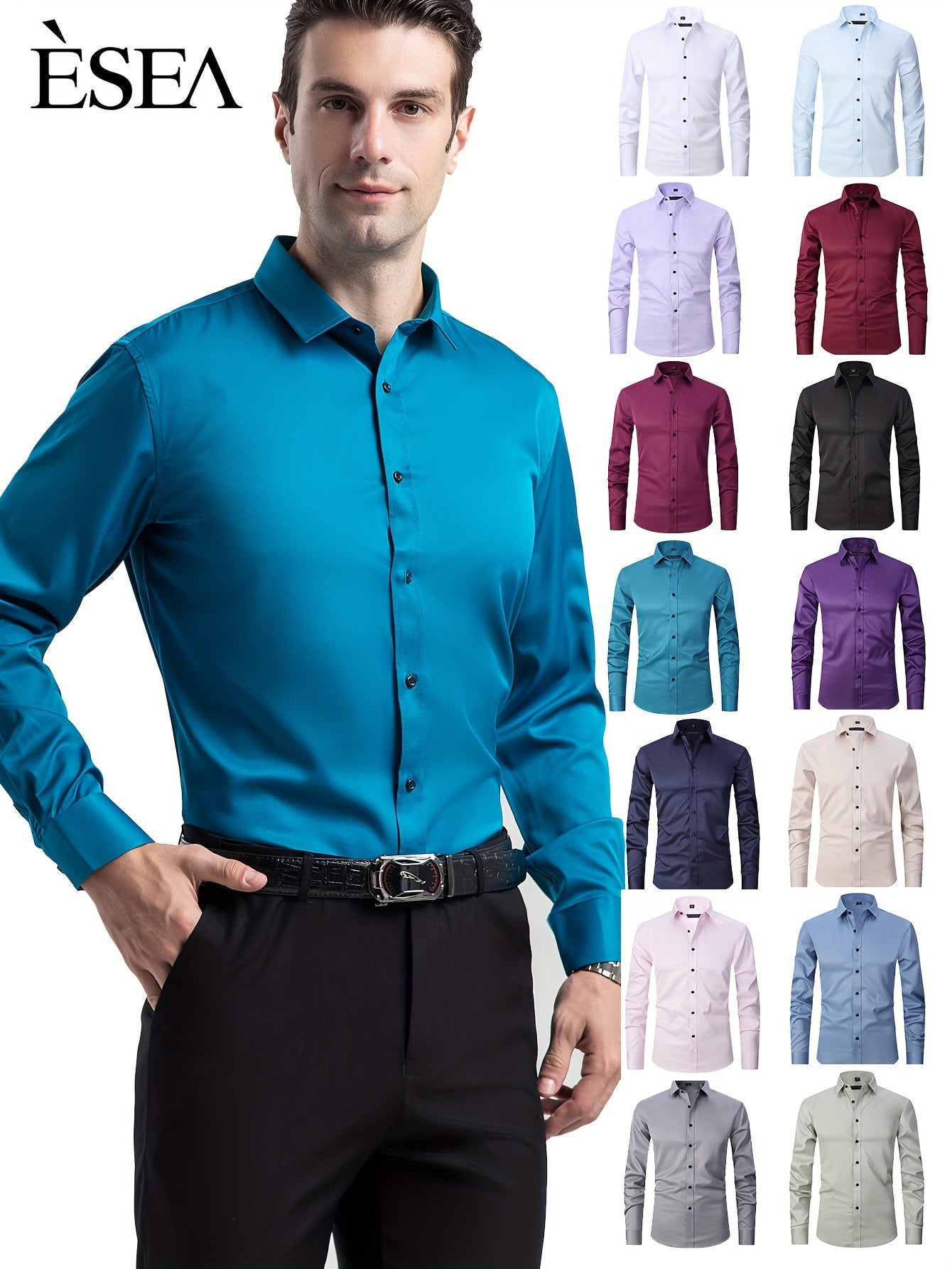 Men'S Slim-Fit Stretch Formal Shirt, Light Business Lapel Long Sleeve Shirt, Men'S Business Shirt Wrinkle-Resistant and Durable Solid Color Formal Long Sleeve Shirt with Buttons and Pockets Suitable for Work, Commuting, Datin -