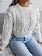 Cable Crew Neck Crop Sweater, Casual Waist Long Sleeve Fall Winter Knit Crop Sweater, Women's Clothing -