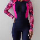 Colorblock Long Sleeves One-Piece Swimsuit Women, Zip Front Rash Guard Round Neck Tummy Control Bathing Suit, Women's Swimwear & Clothing -