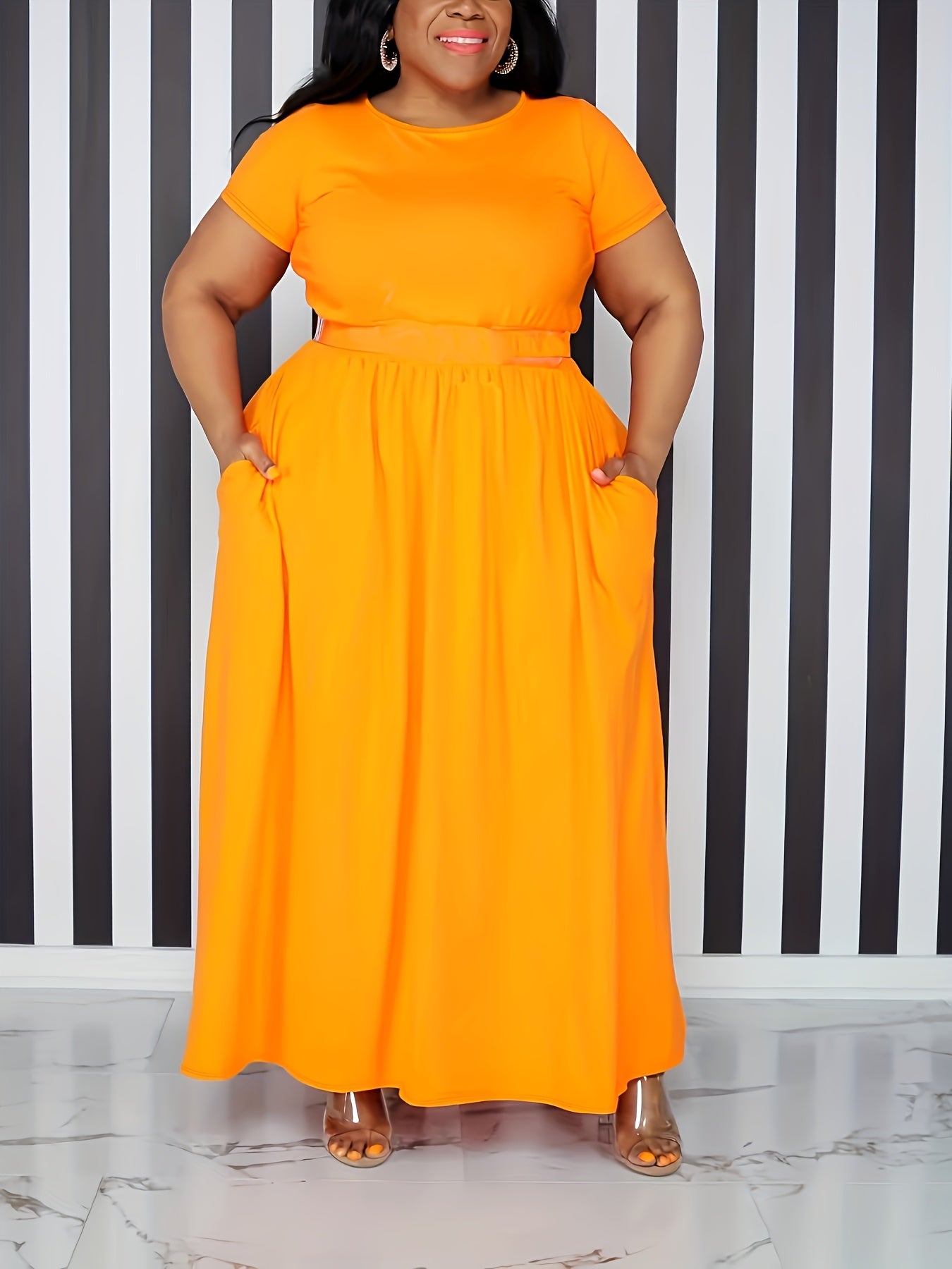 Plus Size Solid Short Sleeve Maxi Dress, Women's Plus Medium Stretch Elegant Long Dress -