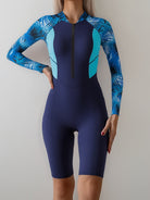 Colorblock Long Sleeves One-Piece Swimsuit Women, Zip Front Rash Guard Round Neck Tummy Control Bathing Suit, Women's Swimwear & Clothing -