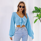 Sexy Bowknot V Neck Crop Sweater, Casual Lantern Long Sleeve Loose Fall Winter Knit Sweater, Women's Clothing -