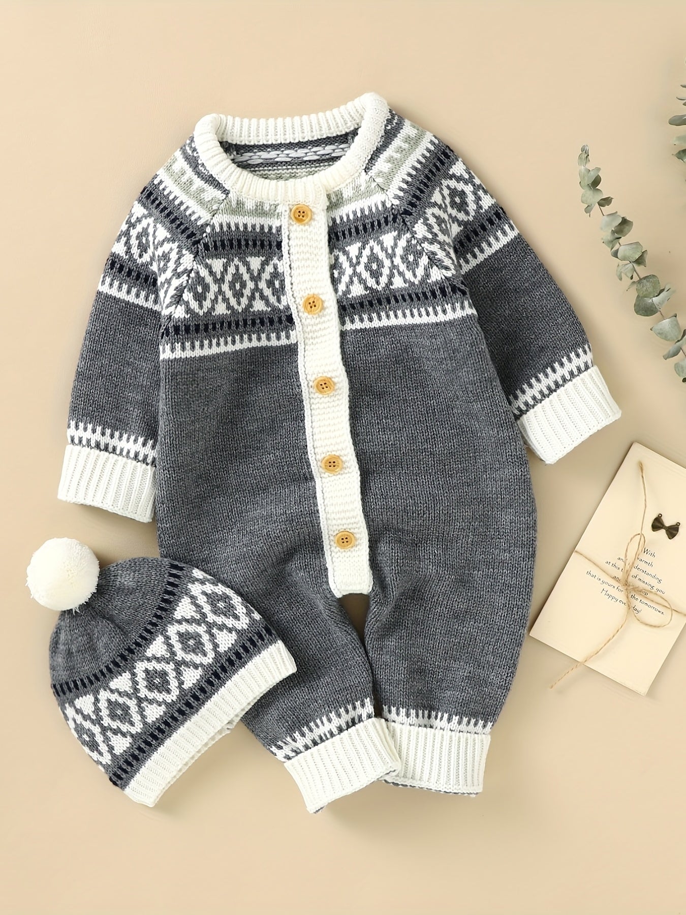 Newborn Infant Geometric Pattern Sweater Romper Long Sleeve Button Jumpsuit & Hat For Toddler Baby Boys And Girls, Suitable For Indoor And Outdoor Wear -