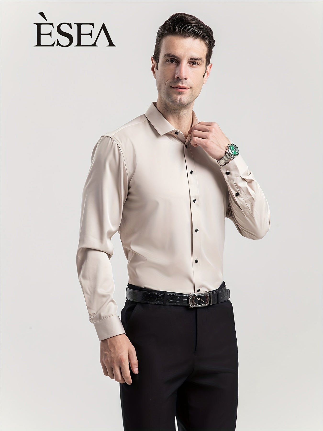 Men'S Slim-Fit Stretch Formal Shirt, Light Business Lapel Long Sleeve Shirt, Men'S Business Shirt Wrinkle-Resistant and Durable Solid Color Formal Long Sleeve Shirt with Buttons and Pockets Suitable for Work, Commuting, Datin -