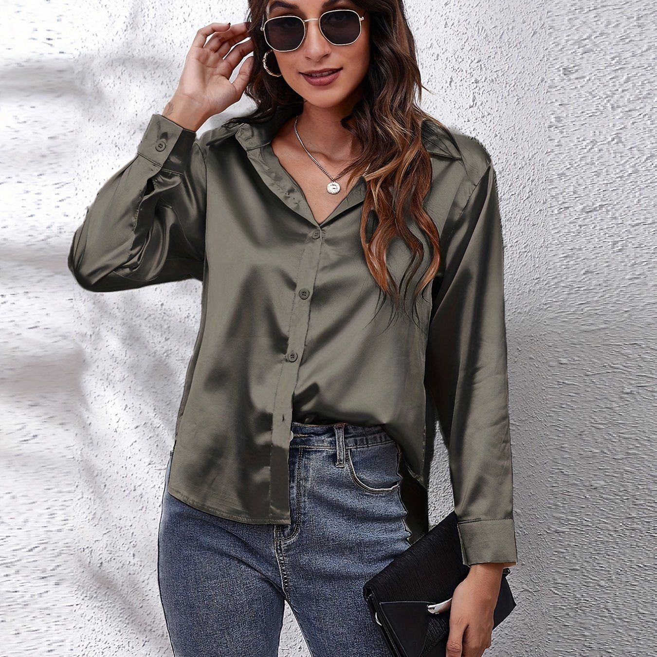 Elegant Satin-Finish Long Sleeve Blouse for Women - Chic Solid Color, Non-Stretch Fabric, Perfect for Spring/Fall, Ideal for Formal Occasions, Ladies Blouses -