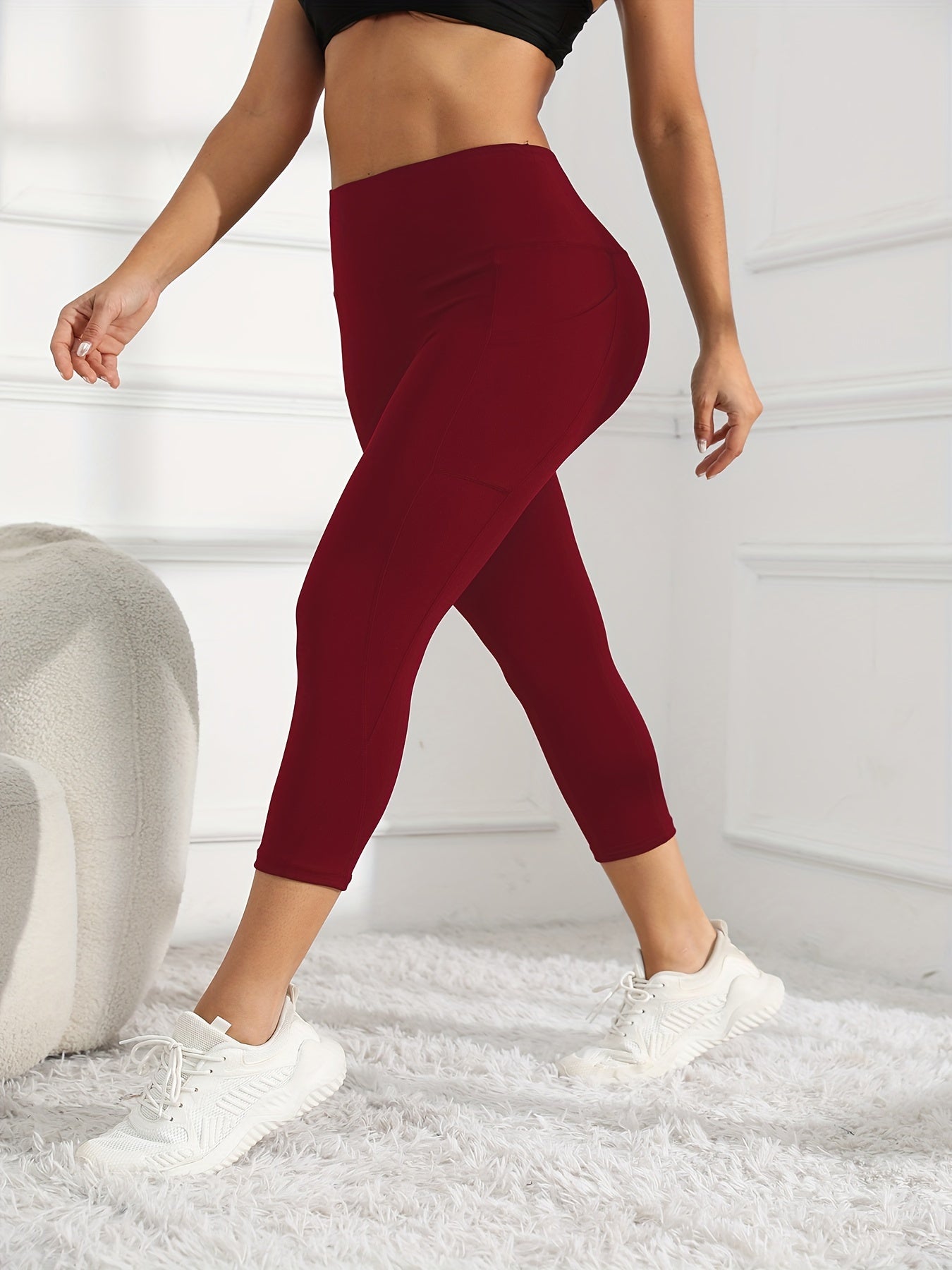 Women's High-Waisted 7/8 Length Leg Workout Leggings - Full-Length Leg Muscle-Building Gym Pants with Pockets, Solid Green Yoga Pants for Cycling, Pilates, Training | All-Season Fitness Pants with 7/8th Leg Coverage, Smooth T -