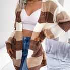Striped Colorblock V-neck Cardigans, Casual Loose Drop Shoulder Long Sleeve Fall Winter Knit Cardigan, Women's Clothing -