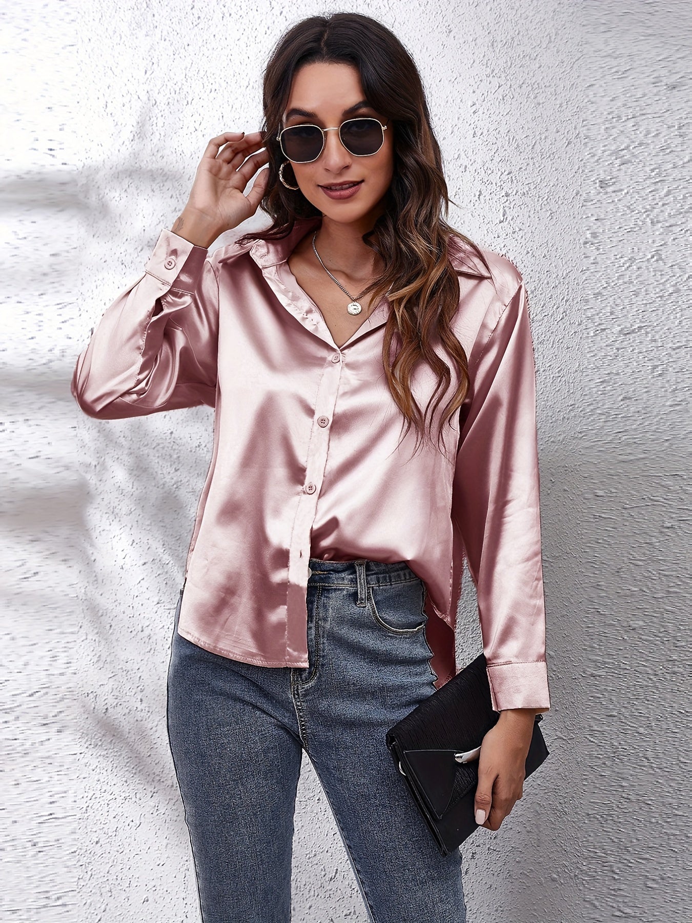 Elegant Satin-Finish Long Sleeve Blouse for Women - Chic Solid Color, Non-Stretch Fabric, Perfect for Spring/Fall, Ideal for Formal Occasions, Ladies Blouses -