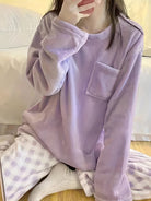 Winter Warm Velvet Pajama Set, Plaid Pattern Pajama, Solid Color Casual Home Wear Set -