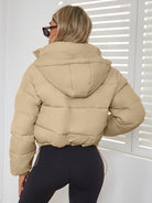 Women's Stylish Black Hooded Puffer Jacket - Casual Short Warm Outerwear with Drawstring Design, Long Sleeves, and Button-Up Front for Winter Comfort, Winter Jacket -