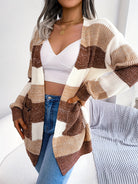 Striped Colorblock V-neck Cardigans, Casual Loose Drop Shoulder Long Sleeve Fall Winter Knit Cardigan, Women's Clothing -
