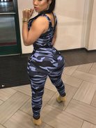 Sleeveless Leopard Print Sexy Jumpsuit, Skinny Camouflage Knitted Jumpsuit, Women's Clothing -