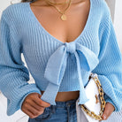 Sexy Bowknot V Neck Crop Sweater, Casual Lantern Long Sleeve Loose Fall Winter Knit Sweater, Women's Clothing -