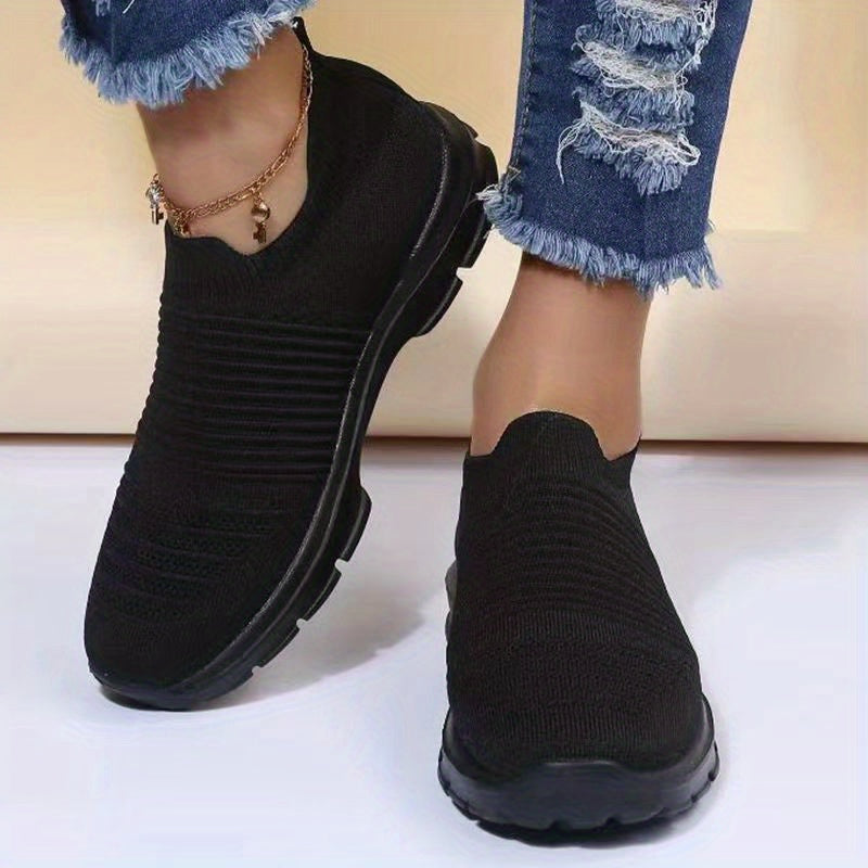 Women's Knit Soft Sole Breathable Mesh Sneakers, Solid Color Slip On Shoes, Women's Footwear -