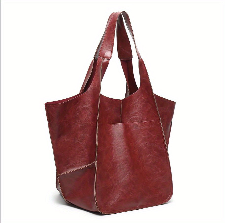 Large Capacity Retro PU Tote Bag For Women - Spacious & Stylish Handbag With Handy Front Pocket For Work, Travel & Everyday Chic -