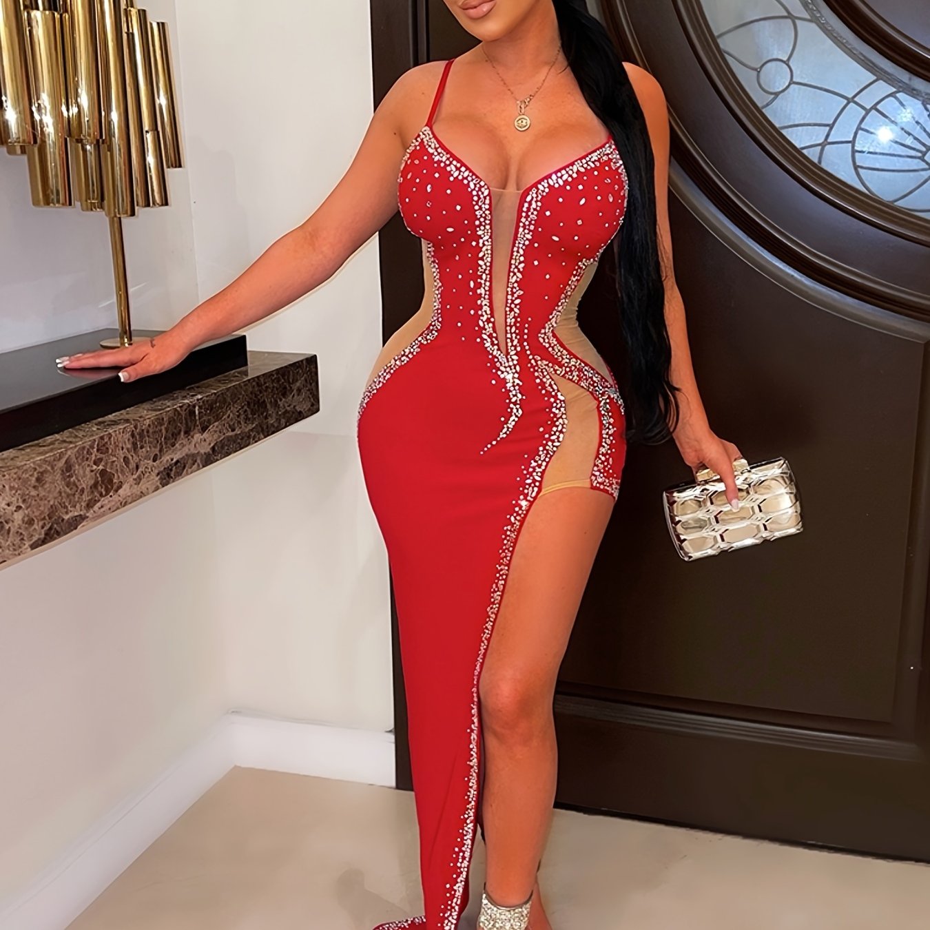 Women'S Sexy Rhinestone Long Dress, Asymmetrical Hem, Slingback, Sleeveless, Strapless Collar, Bodycon Knit Fabric, Polyester 95% Spandex 5% - All-Season Party Wear -