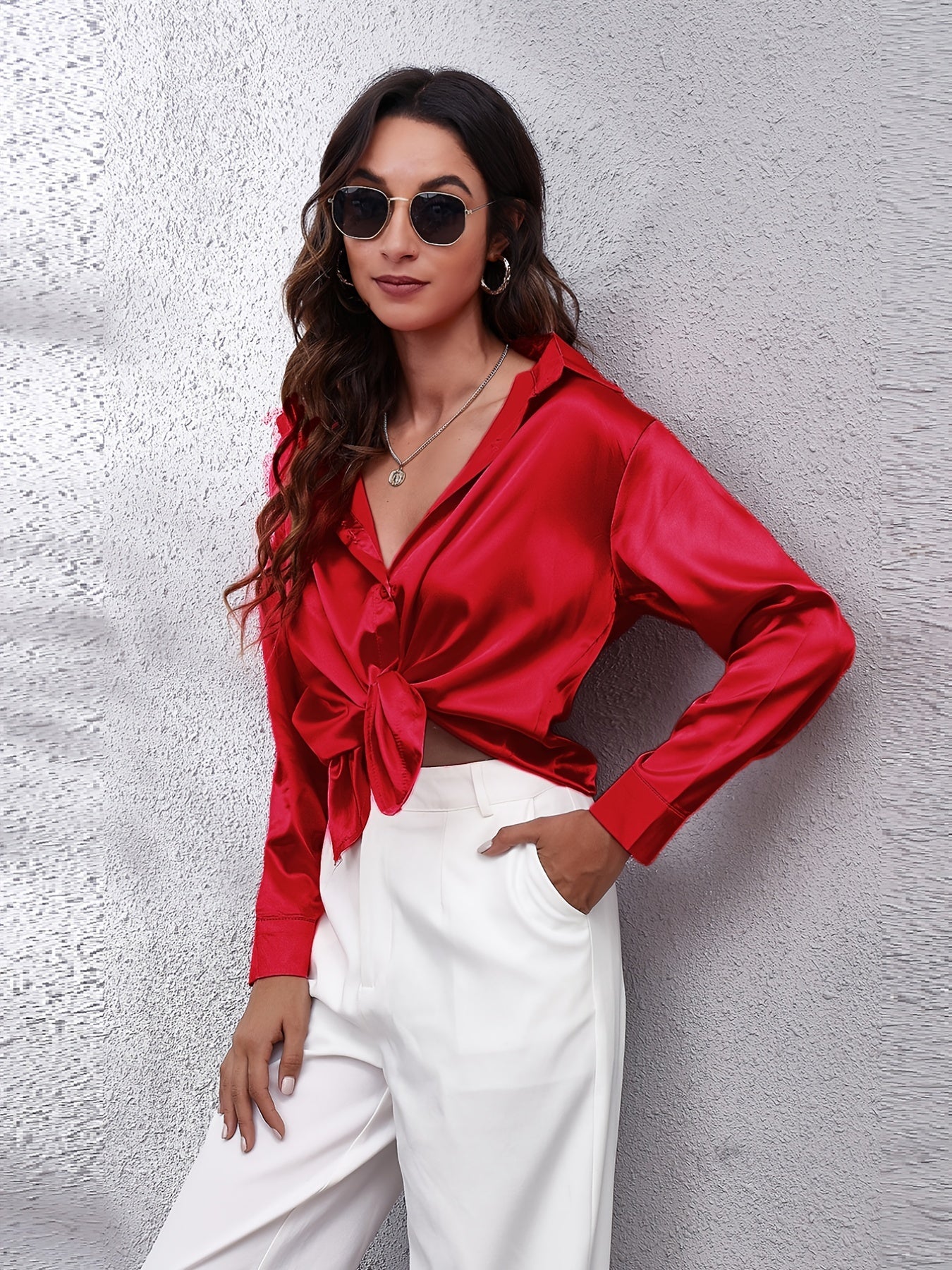 Elegant Satin-Finish Long Sleeve Blouse for Women - Chic Solid Color, Non-Stretch Fabric, Perfect for Spring/Fall, Ideal for Formal Occasions, Ladies Blouses -