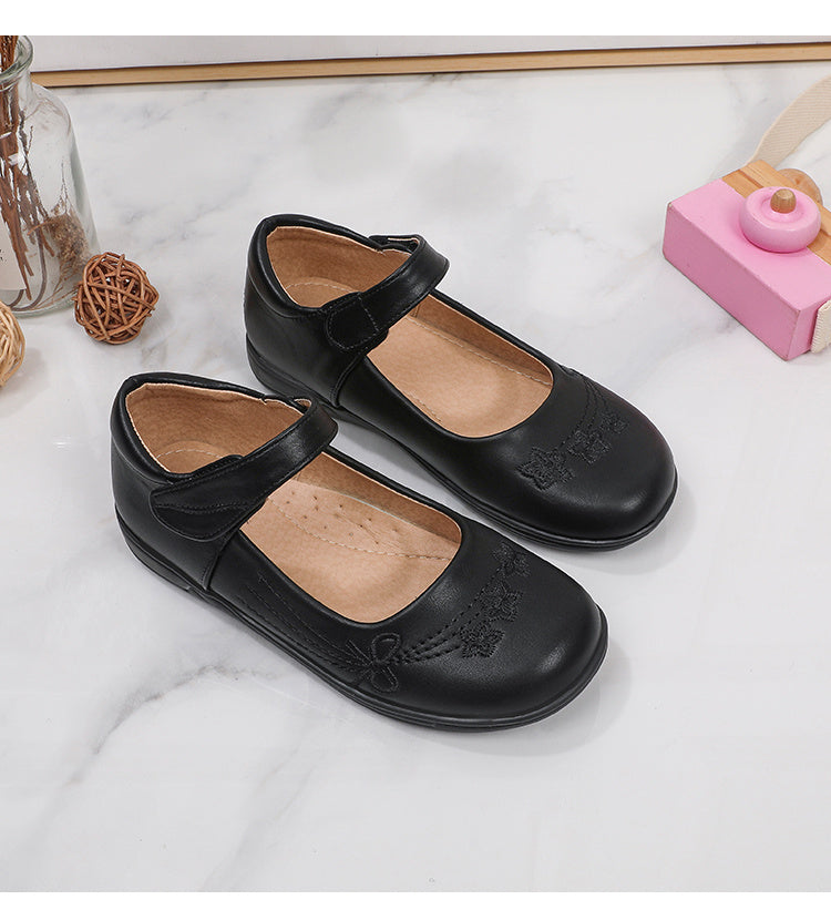 [School Essential] Girls' Black Mary Jane Flats with Bow Detail - Non-Slip, Comfortable PU Insole, Round Toe Casual & Performance Shoes for Students, Perfect for Spring/Autumn, Casual Youngsters Shoes|Strap Adornment Footwear -