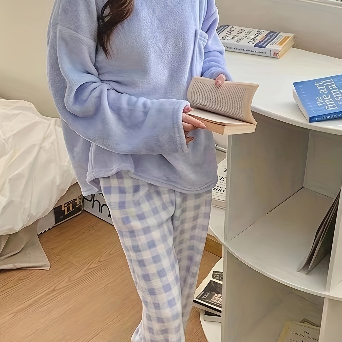 Winter Warm Velvet Pajama Set, Plaid Pattern Pajama, Solid Color Casual Home Wear Set -