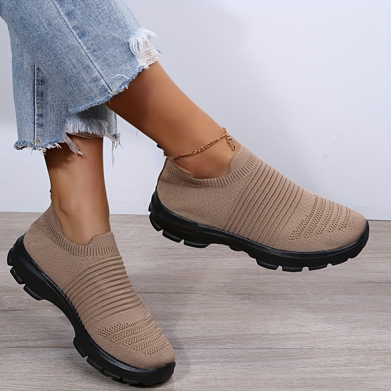 Women's Knit Soft Sole Breathable Mesh Sneakers, Solid Color Slip On Shoes, Women's Footwear -