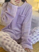 Winter Warm Velvet Pajama Set, Plaid Pattern Pajama, Solid Color Casual Home Wear Set -