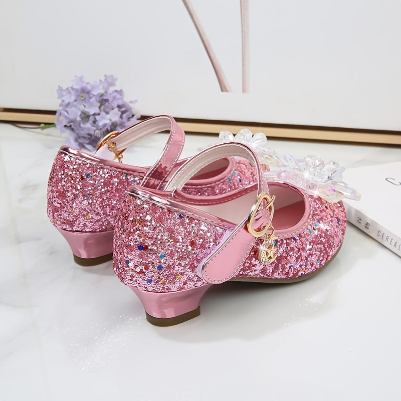 Girls' Elsa Princess High Heel Pumps - Sparkling Glitter Block Heel Shoes with Floral Embellishments, Lightweight Faux Cover for Spring & Fall, Weddings, Parties, Casual Wear, Shoes for Girls, Wedding Guest Shoes, Elegant Sho -