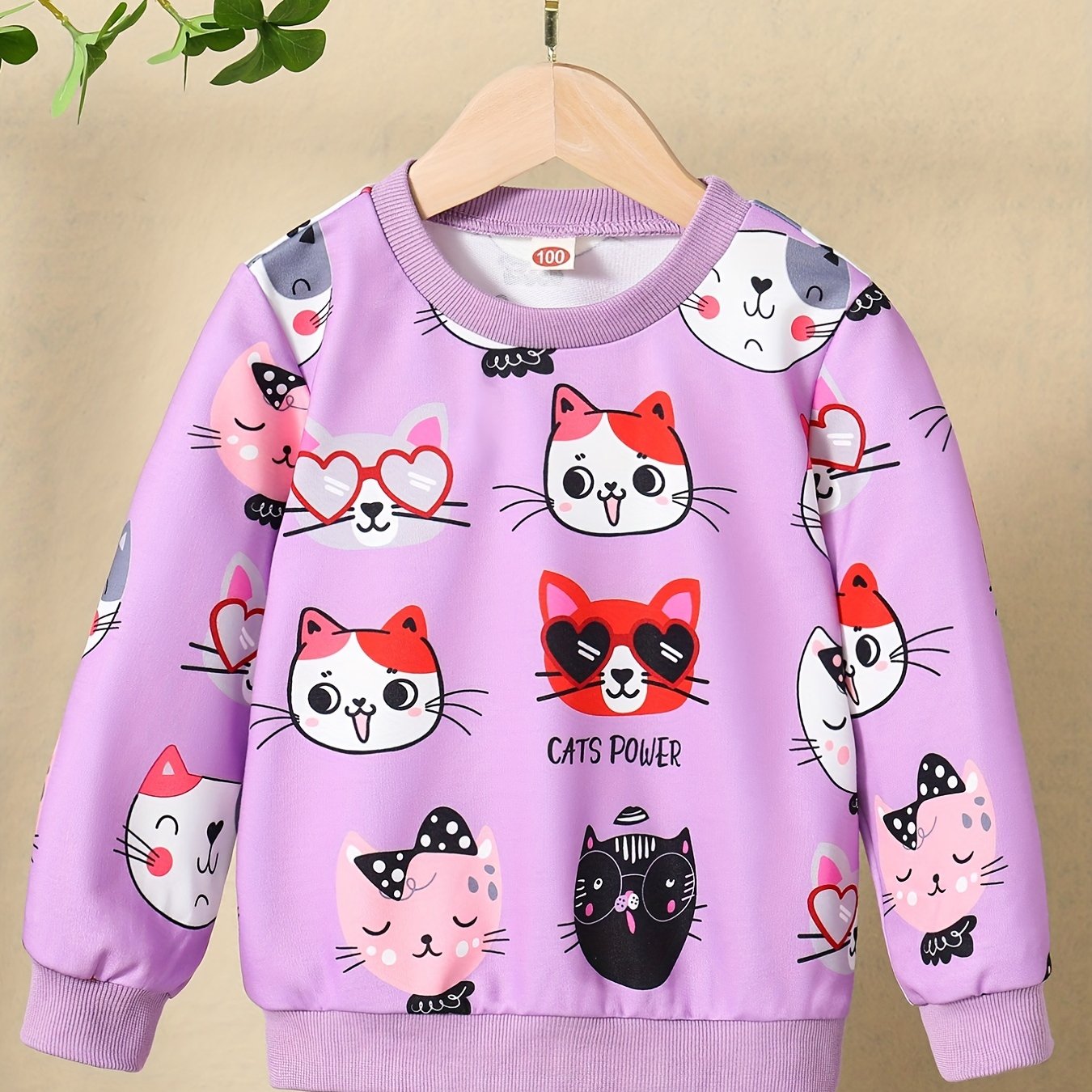 HWMFSNHFZ Girls' Lightweight Long Sleeve Cartoon Cat Print Sweatshirt - Soft Pink Crew Neck Casual Pullover for Spring & Fall, All-Season Comfort, Cute Sweaters -