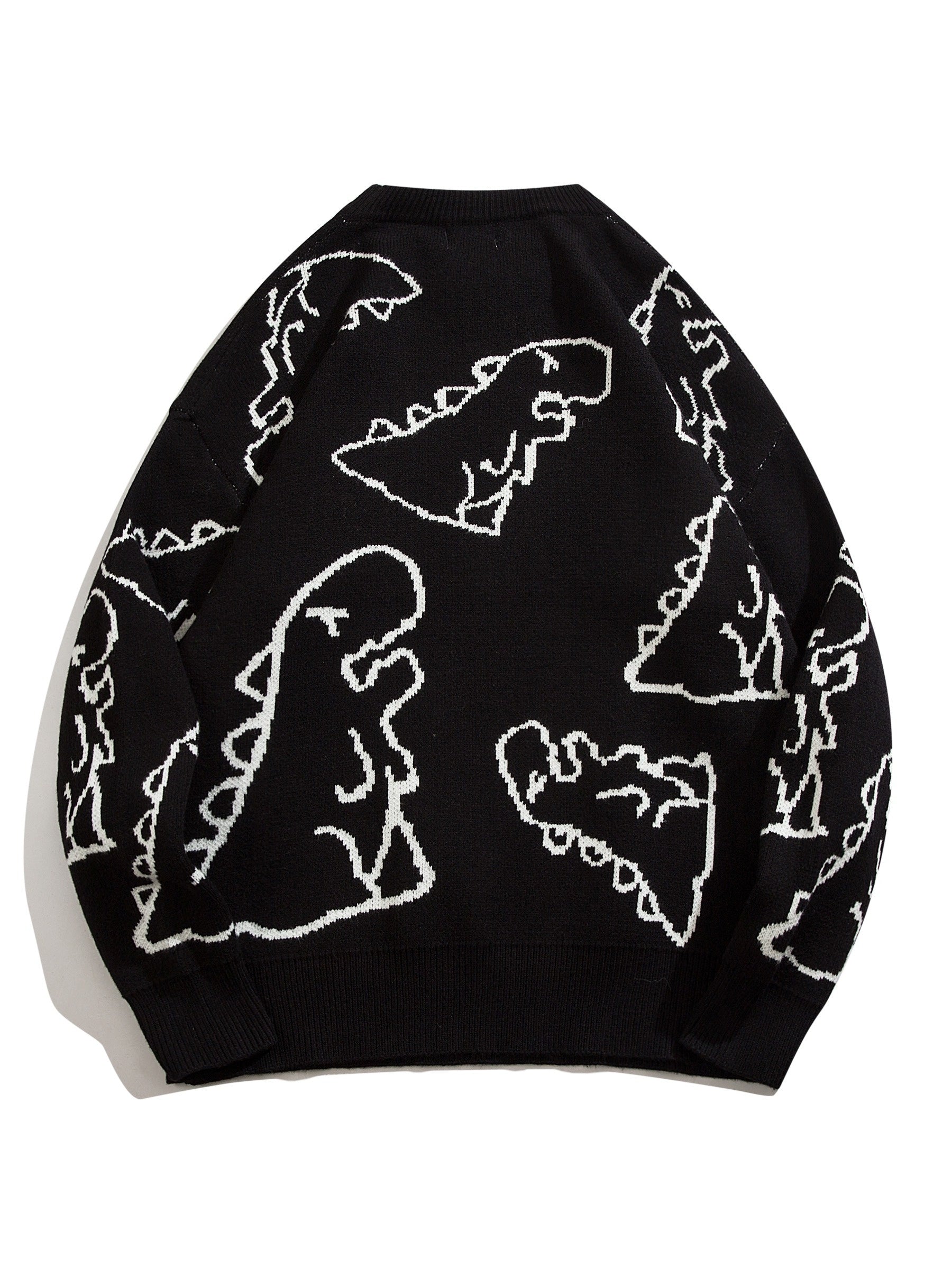 YWFG Unisex Casual Loose Fit Sweater - Black with Blue Dinosaur & Cloud Design, Long Sleeve Round Neck Pullover for Men & Women, Cozy Fall/Winter Knitwear, Dinosaur Clothes, Fall Winter Apparel, Playful Graphic Design, Comfor -