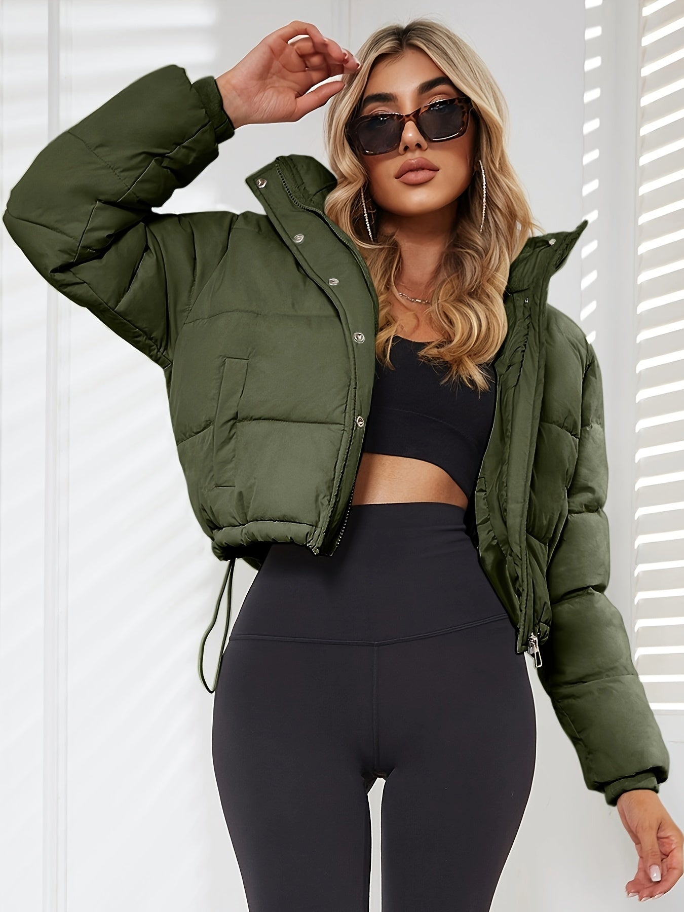 Women's Stylish Black Hooded Puffer Jacket - Casual Short Warm Outerwear with Drawstring Design, Long Sleeves, and Button-Up Front for Winter Comfort, Winter Jacket -