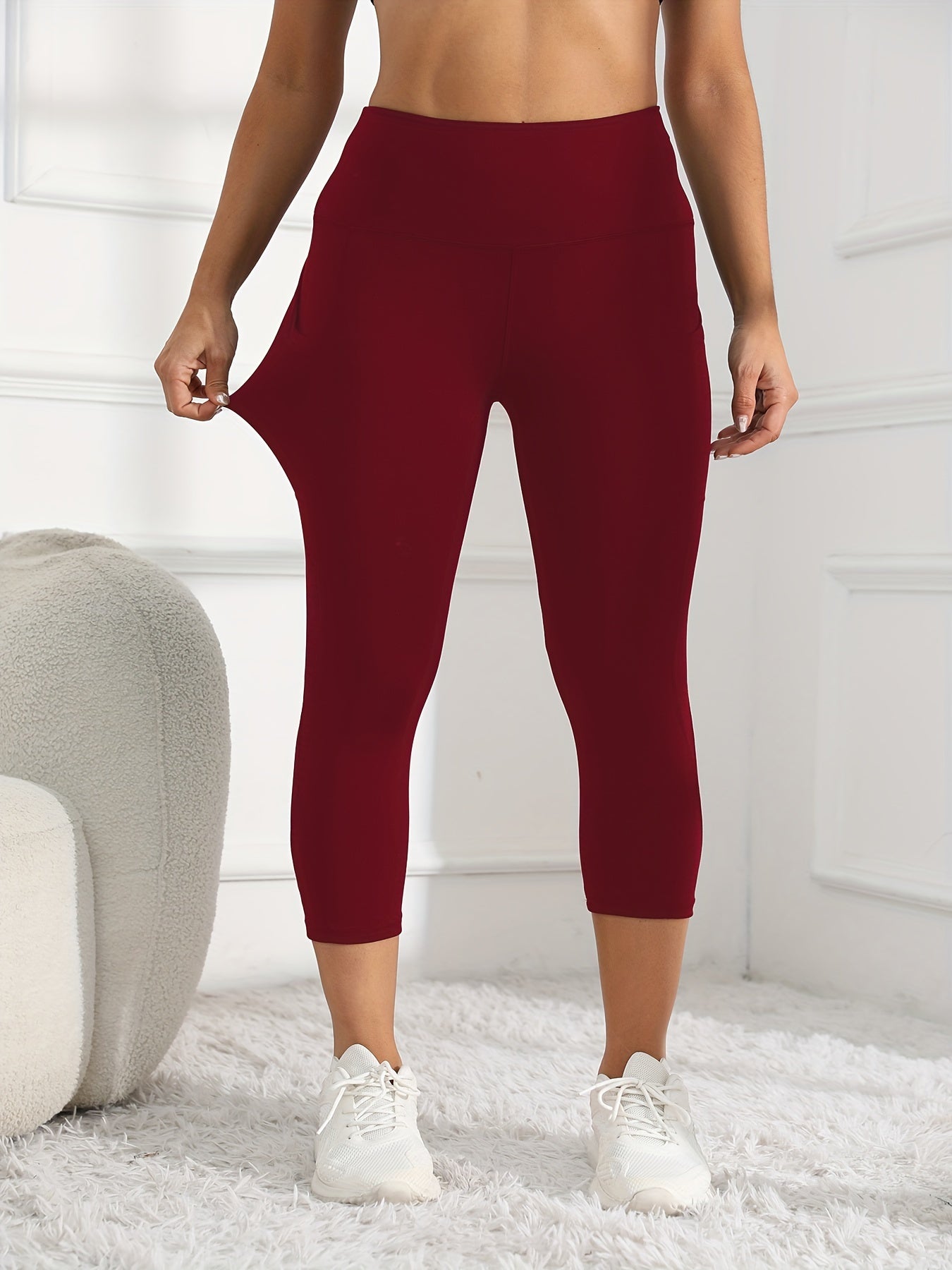 Women's High-Waisted 7/8 Length Leg Workout Leggings - Full-Length Leg Muscle-Building Gym Pants with Pockets, Solid Green Yoga Pants for Cycling, Pilates, Training | All-Season Fitness Pants with 7/8th Leg Coverage, Smooth T -