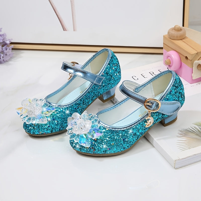 Girls' Elsa Princess High Heel Pumps - Sparkling Glitter Block Heel Shoes with Floral Embellishments, Lightweight Faux Cover for Spring & Fall, Weddings, Parties, Casual Wear, Shoes for Girls, Wedding Guest Shoes, Elegant Sho -