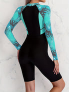 Colorblock Long Sleeves One-Piece Swimsuit Women, Zip Front Rash Guard Round Neck Tummy Control Bathing Suit, Women's Swimwear & Clothing -