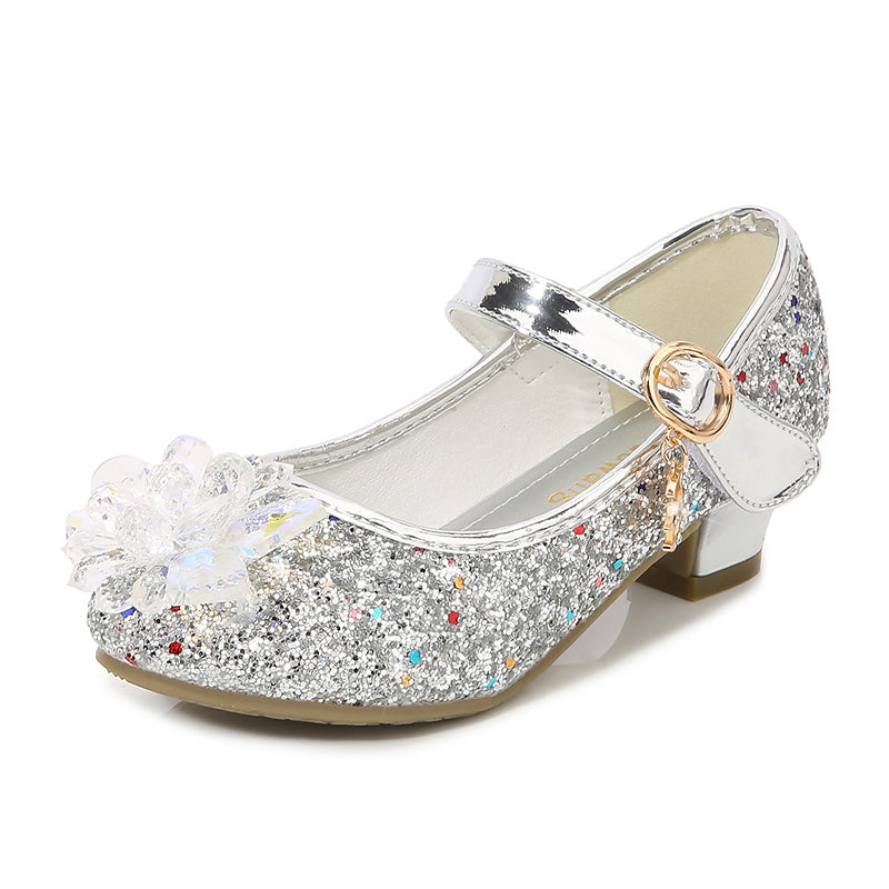 Girls' Elsa Princess High Heel Pumps - Sparkling Glitter Block Heel Shoes with Floral Embellishments, Lightweight Faux Cover for Spring & Fall, Weddings, Parties, Casual Wear, Shoes for Girls, Wedding Guest Shoes, Elegant Sho -
