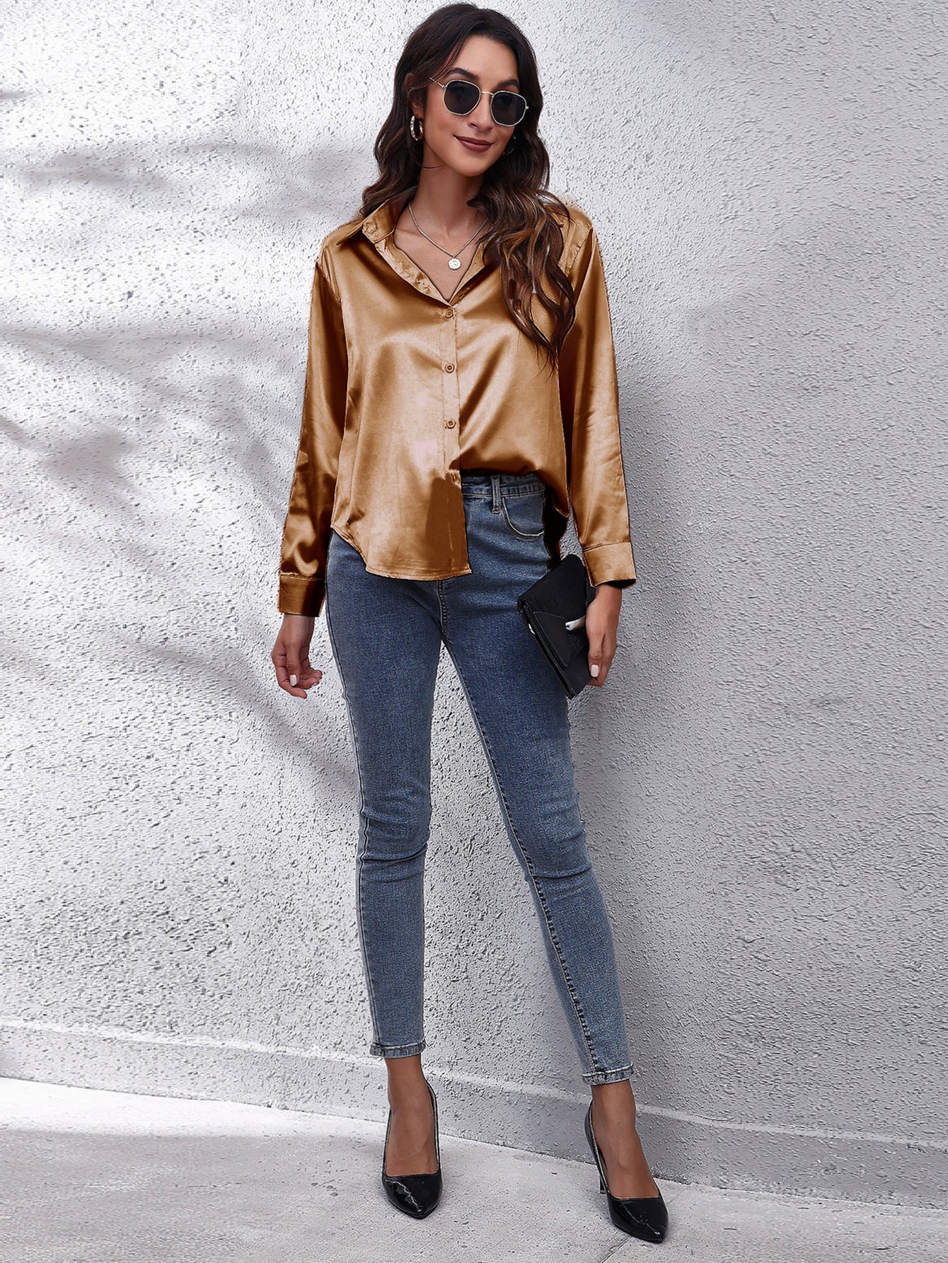 Elegant Satin-Finish Long Sleeve Blouse for Women - Chic Solid Color, Non-Stretch Fabric, Perfect for Spring/Fall, Ideal for Formal Occasions, Ladies Blouses -