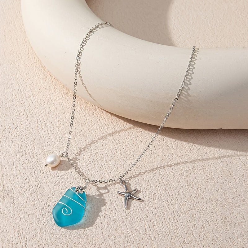 Sea Glass Pendant Necklace Marine Elements Shape Pendant Adjustable Neck Jewelry Summer Beach Style Clothings Accessories -
