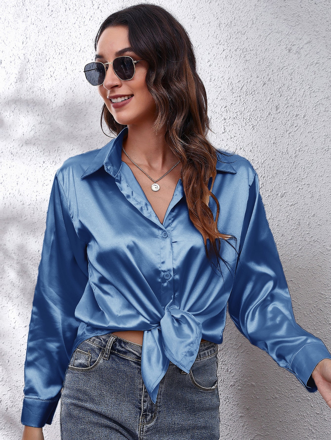Elegant Satin-Finish Long Sleeve Blouse for Women - Chic Solid Color, Non-Stretch Fabric, Perfect for Spring/Fall, Ideal for Formal Occasions, Ladies Blouses -